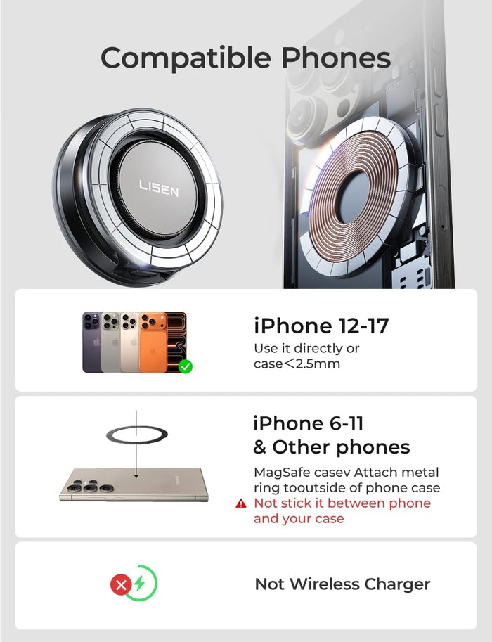 LISEN Suction Phone Mount for Vacuum [All-Metal & Nano Gel 98+LBS Suction] 360 Adjustable Vacuum Magnetic Phone Holder for Car, for Magsafe Car Mount for iPhone 17 Pro Max 16 15 14 13 12